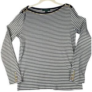 L Ralph Lauren SZ L classic cotton long sleeve striped nautical top, navy stripe